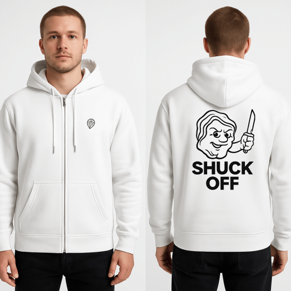 Shuck Off White Zip Hoodie – Unisex Oyster Shucking Hoodie - Image 4