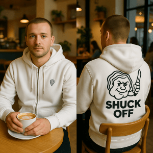 Shuck Off White Zip Hoodie – Unisex Oyster Shucking Hoodie