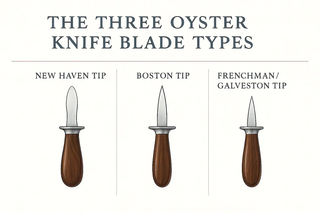 “Illustration comparing the three oyster knife blade types: New Haven tip, Boston tip, and Frenchman/Galveston tip, each shown with wooden handles.”