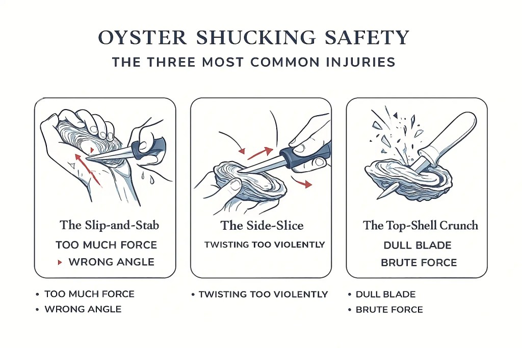 A clean, minimalist educational infographic titled ‘Oyster Shucking Safety — The Three Most Common Injuries.’ The graphic is divided into three vertical panels.
Panel 1 shows a hand slipping while opening an oyster, with the knife stabbing toward the palm — labeled ‘The Slip-and-Stab.’ Red arrows indicate wrong angle and too much force.
Panel 2 shows a knife popping sideways toward the hand — labeled ‘The Side-Slice.’ Arrows show twisting too violently.
Panel 3 shows an oyster shell exploding into fragments as a dull knife forces down — labeled ‘The Top-Shell Crunch.’ Each panel includes short bullet-point causes beneath it.”