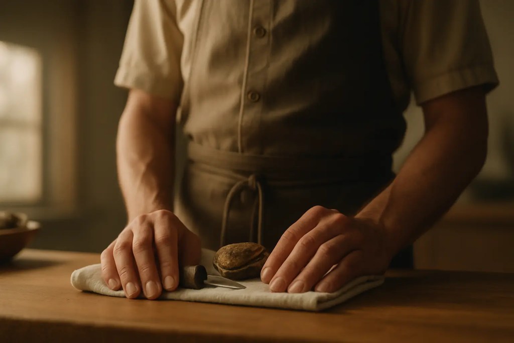 “Chef standing at a wooden counter with both hands resting on a folded towel beside a single unopened oyster and oyster knife. Warm, moody lighting creates a calm, focused moment before shucking.”