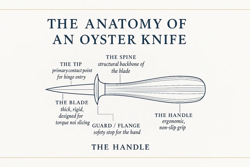 “Detailed labeled diagram of an oyster knife showing the tip, blade, spine, guard, and handle.”