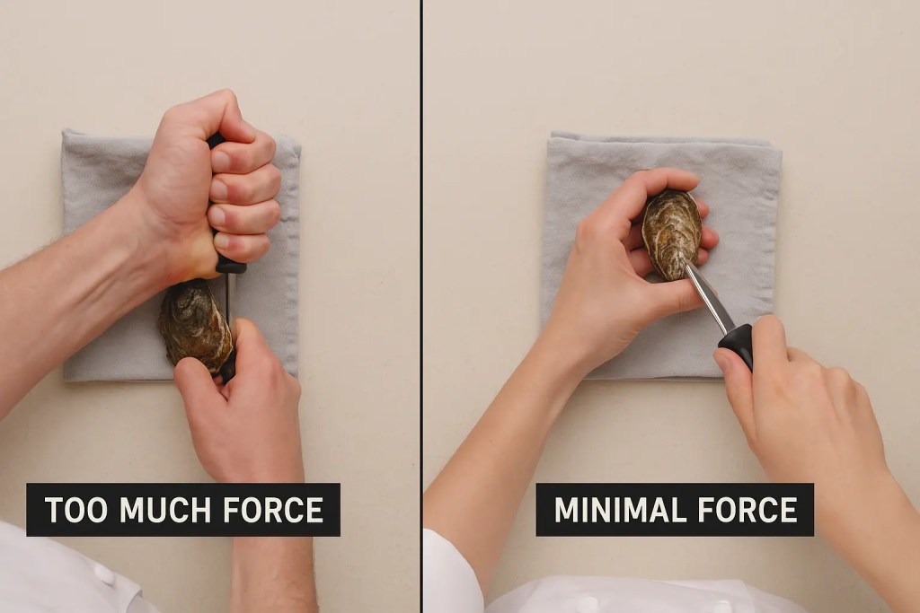“Side-by-side comparison of oyster shucking techniques: on the left, hands applying excessive downward force with an oyster knife labeled ‘Too Much Force’; on the right, hands using controlled, minimal pressure labeled ‘Minimal Force.’ Demonstrates correct oyster shucking technique.”