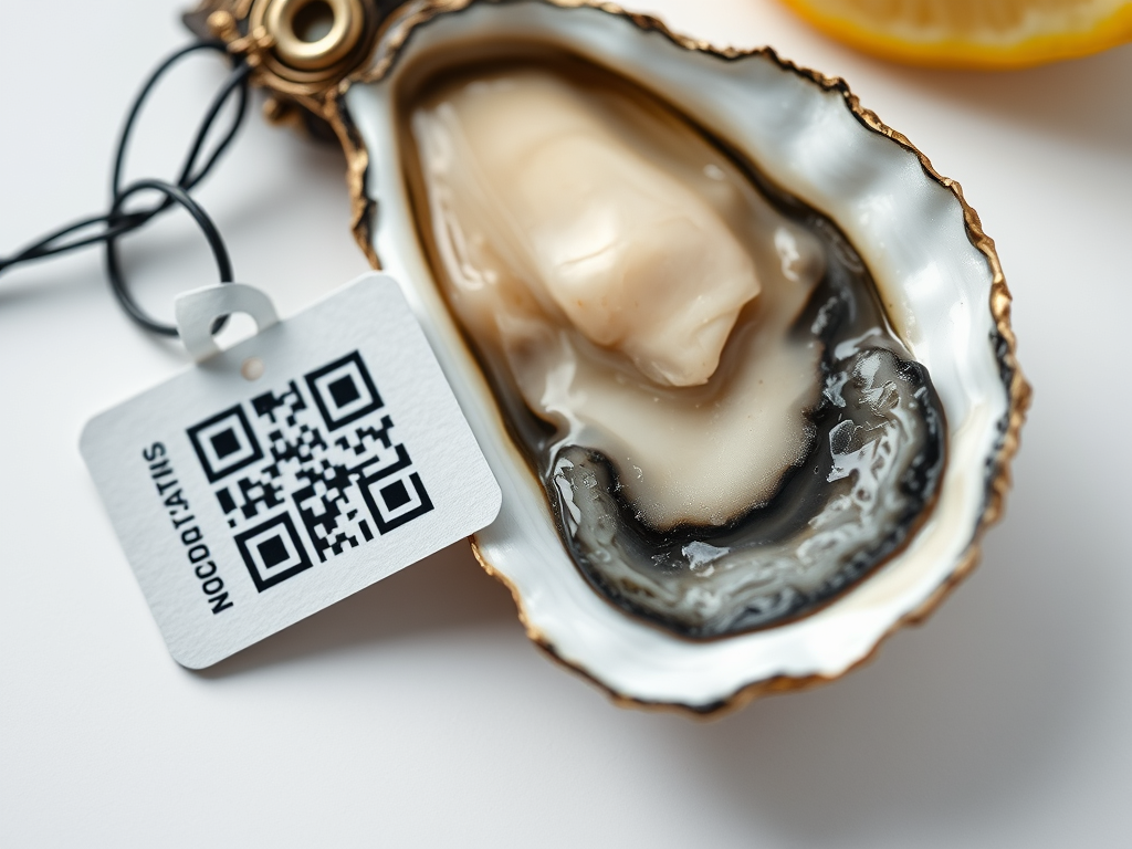 “Oyster tag with QR code next to a freshly shucked oyster representing traceability.”