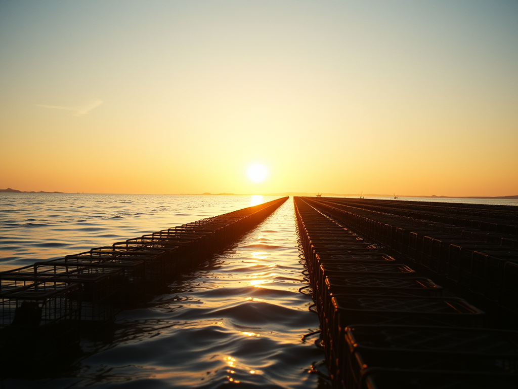 “Sunrise over a modern oyster farm symbolizing the future of the industry.”