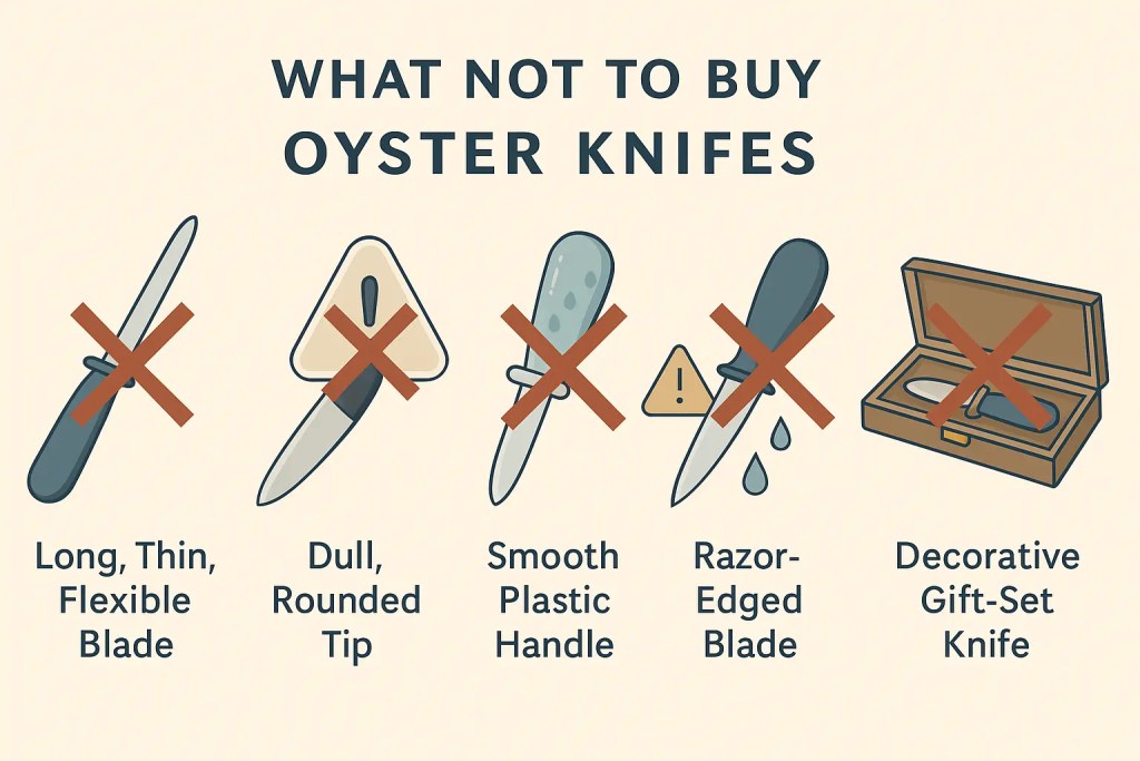 A flat-style infographic titled “What Not to Buy – Oyster Knives,” displaying five illustrations of unsafe or ineffective oyster knife designs. Each item—flexible clam-style blade, dull rounded tip knife, smooth plastic handle, razor-edged blade, and decorative gift-set knife—is shown with a large red X to indicate it should be avoided.
