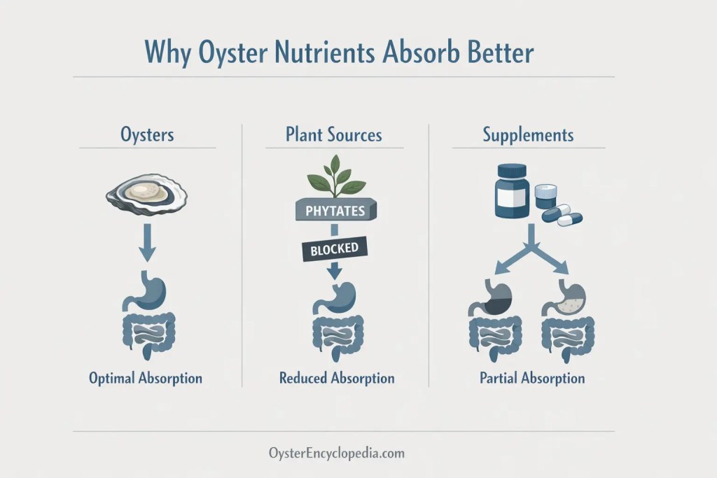 Diagram showing how nutrients absorb more efficiently than plant sources or supplements during digestion.