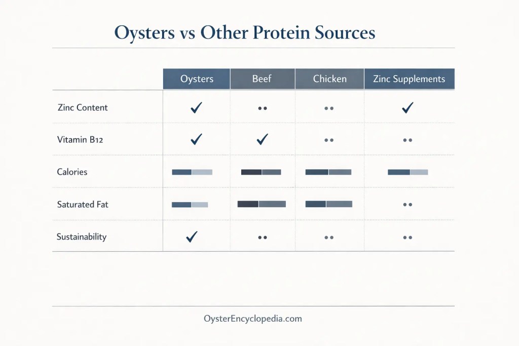 Comparison infographic showing our bivalves versus beef, chicken, and supplements for zinc, vitamin B12, calories, fat, and sustainability.