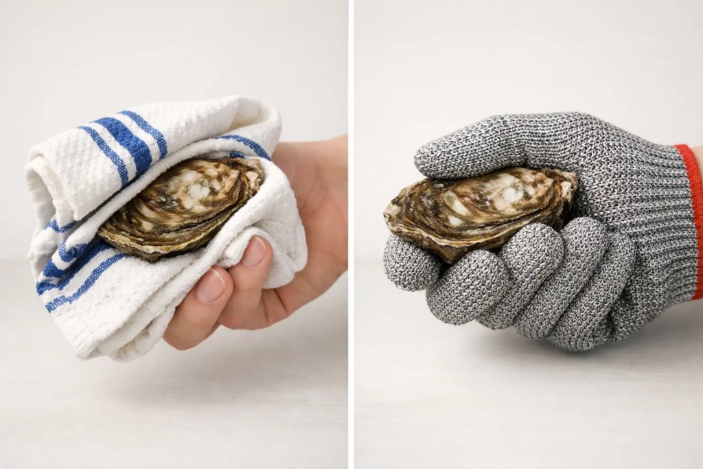 Comparison of using a folded towel versus a cut-resistant glove when holding an oyster