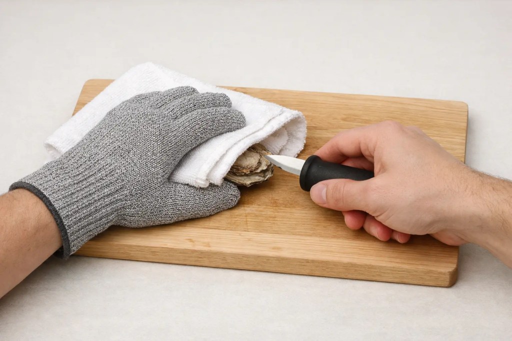 Close-up of a fabric cut-resistant glove gripping an oyster shell