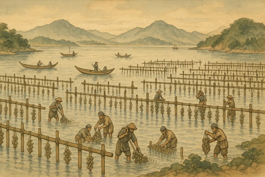 Historical illustration of Japanese oyster farmers working in shallow waters, tending hanging oyster clusters and wooden cultivation racks with mountains and boats in the background.