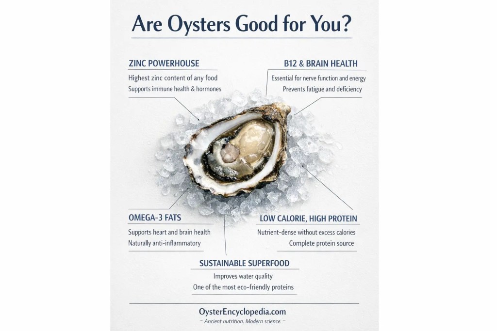 Infographic explaining oyster health benefits including zinc, vitamin B12, omega-3 fatty acids, protein content, and sustainability.