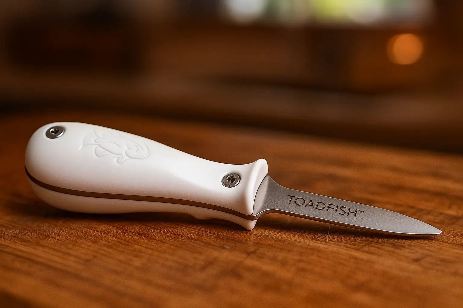Toadfish oyster knife with teal handle on dock wood