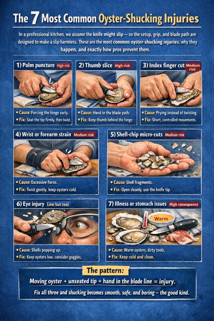 Infographic showing the seven most common oyster-shucking injuries—palm puncture, thumb slice, finger cuts, wrist strain, shell-chip micro-cuts, eye injury, and foodborne illness—with causes and professional prevention techniques